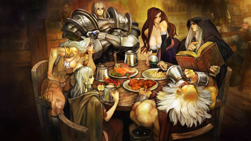 3girls abs absurdres alcohol amazon_(dragon's_crown) apple armor bar beard beer bikini_armor blonde_hair book braid breasts chin_rest circlet cleavage crossed_arms crystal_ball dragon's_crown drinking dwarf_(dragon's_crown) elf_(dragon's_crown) everyone facial_hair feathers fighter_(dragon's_crown) food fruit full_armor game_cg highres hood hood_down huge_breasts kamitani_george knife large_breasts long_hair meat multiple_boys multiple_girls muscle muscular_female no_hat no_headwear no_helmet official_art pointy_ears sorceress_(dragon's_crown) table tankard tattoo tavern thick_thighs thighs vanillaware white_hair wizard_(dragon's_crown)