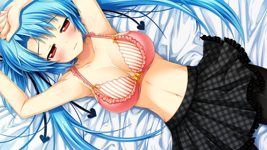 1girl armpits arms_up bare_shoulders bed blue_hair blush bra breasts cleavage embarrassed game_cg highres hips hitotsu_tobashi_ren'ai hitotsu_tobashi_ren'ai large_breasts long_hair looking_at_viewer lying navel pantyhose red_eyes skirt solo sonohara_aori twintails underwear