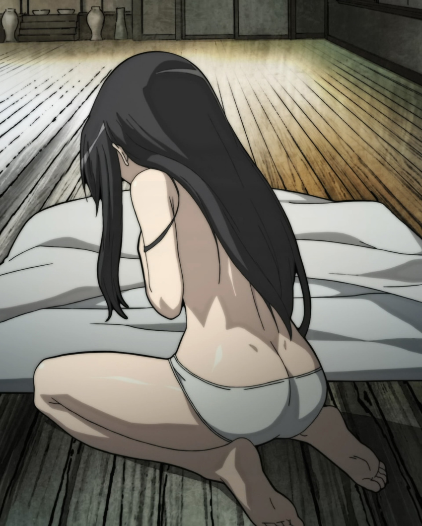 1girl ass back barefoot black_hair butt_crack feet highres hyakka_ryouran_samurai_girls long_hair panties sanada_yukimura_(hyakka_ryouran) sitting soles solo toes underwear white_panties