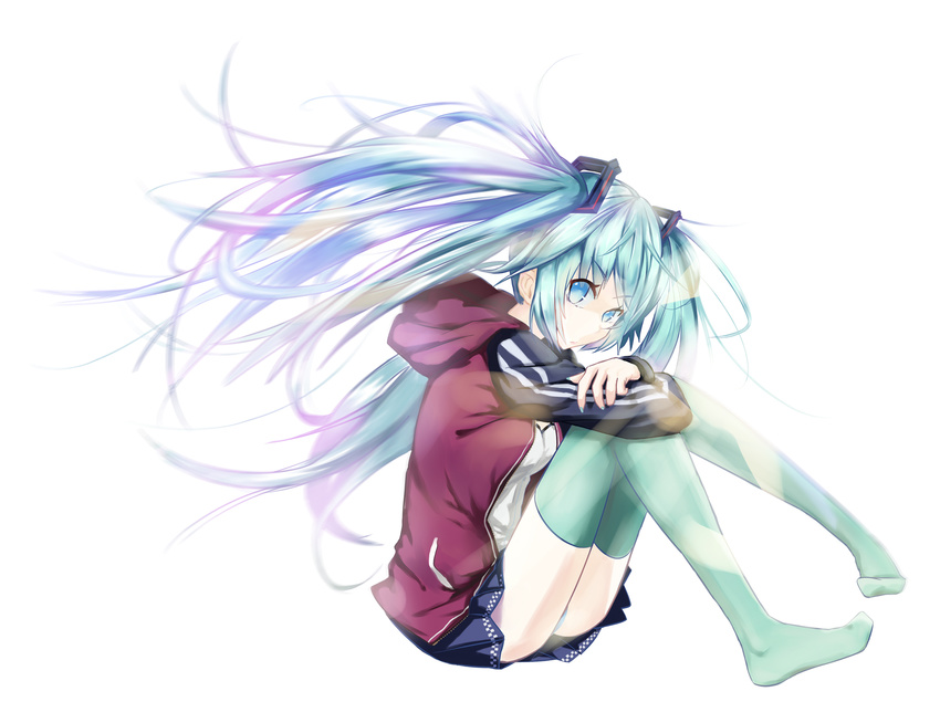 aqua_eyes aqua_hair aqua_legwear bad_id bad_pixiv_id hatsune_miku highres hood hooded_track_jacket hoodie jacket kamisa leg_hug long_hair looking_at_viewer nail_polish no_shoes open_clothes open_hoodie panties slim_legs solo thighhighs track_jacket twintails underwear vocaloid white_background