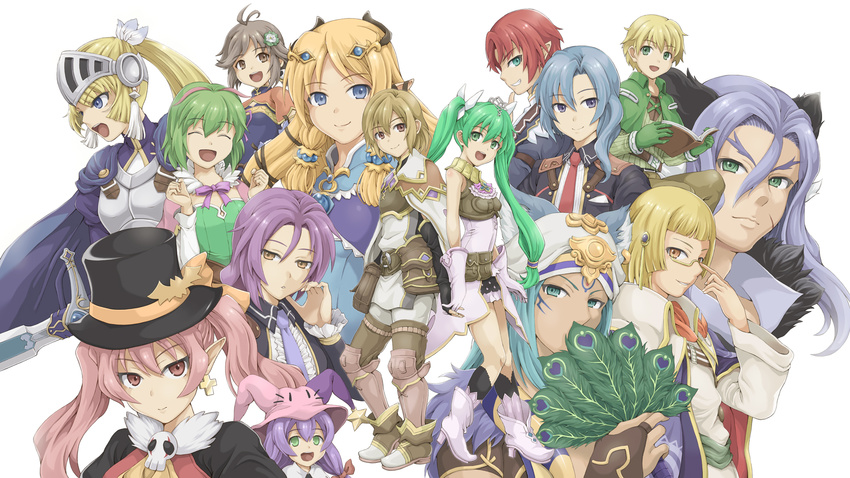 6+girls animal_ears annotated armor arthur_(rune_factory) bishnal_(rune_factory) blonde_hair blue_eyes blue_hair book brown_eyes brown_hair clorica_(rune_factory) closed_eyes dark_skin dark_skinned_male diras dolce_(rune_factory) doug_(rune_factory) earrings egyptian egyptian_clothes everyone forked_eyebrows forte_(rune_factory) fox_boy fox_ears frey_(rune_factory) glasses gold_trim green_eyes green_hair hat headdress highres horse_boy horse_ears ibushigin jewelry kiel_(rune_factory) kohaku_(rune_factory) leon_(rune_factory) lest_(rune_factory) long_hair low-tied_long_hair margaret_(rune_factory) miniskirt multicolored_hair multiple_boys multiple_girls necktie open_mouth pico_(rune_factory) pink_eyes pink_hair pointy_ears ponytail purple_hair red_hair rune_factory rune_factory_4 shoes short_hair simple_background skirt smile thick_eyebrows top_hat twintails two-tone_hair visor_(armor) white_background xiao_pai