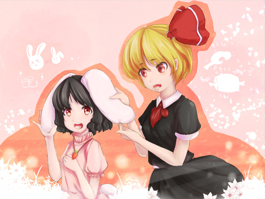 animal_ears bad_id bad_pixiv_id black_hair blonde_hair boned_meat bunny bunny_ears carrot dress ear_grab fangs flower food furim grass hair_ribbon high_collar inaba_tewi jewelry looking_at_another looking_at_viewer meat multiple_girls open_mouth outline pendant pink_background puffy_short_sleeves puffy_sleeves red_eyes ribbon rumia short_hair short_sleeves skirt skirt_set slit_pupils touhou