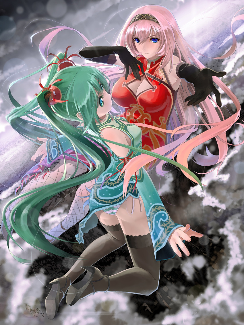 ass black_legwear blue_eyes blush breasts china_dress chinese_clothes cleavage detached_sleeves dress elbow_gloves falling fishnet_legwear fishnets flying from_above from_behind full_body gloves green_eyes green_hair green_panties hatsune_miku high_heels highres kougyoku_(module) large_breasts legs long_hair looking_at_viewer looking_up medium_breasts megurine_luka multiple_girls okingjo outstretched_arms panties pink_hair shoes striped striped_panties suigyoku_(module) thighhighs twintails underwear very_long_hair vocaloid world's_end_dancehall_(vocaloid)