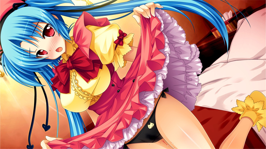 1girl bed bed_sheet black_panties blue_hair blush breasts game_cg hat highres hitotsu_tobashi_ren'ai hitotsu_tobashi_ren'ai large_breasts legs long_hair looking_at_viewer open_mouth panties pillow red_eyes skirt skirt_lift solo sonohara_aori standing sweat thighs twintails underwear upskirt