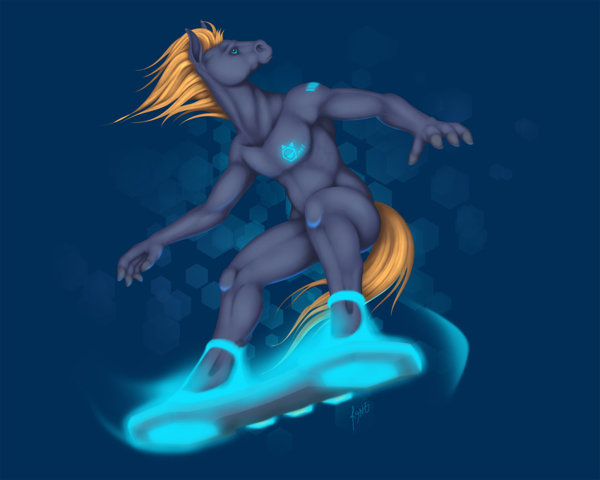 barcode blue_background blue_eyes cyan_eyes e621 equine fur glowing gold_hair grey_body grey_fur hair hi_res horse hoverboard looking_at_viewer male mammal mascot nude plain_background solo standing surfer surfing wiredhooves