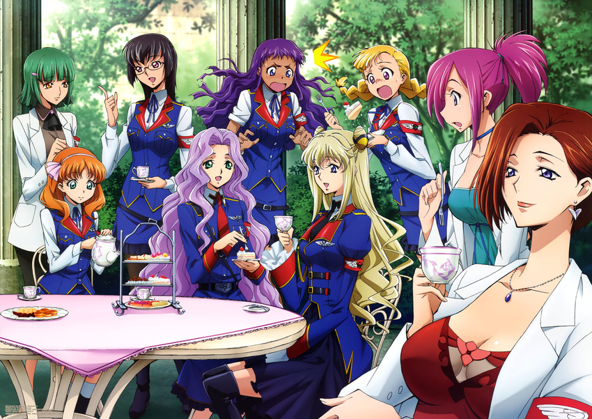 absurdres anna_clement black_hair black_legwear blonde_hair blue_eyes blue_skirt boots braid breasts brown_hair cake chloe_winkel cleavage code_geass code_geass:_boukoku_no_akito collar collarbone cup earrings ferilli_baltrow food glasses green_eyes green_hair hair_ornament highres hilda_feigan holding holding_cup huge_filesize index_finger_raised jewelry kate_novak labcoat large_breasts leila_(code_geass) long_hair multiple_girls necklace necktie olivia_lowell open_mouth outdoors ponytail purple_eyes purple_hair red_neckwear sarah_deinz shimamura_hidekazu short_hair skirt sophie_randall thigh_boots thighhighs uniform