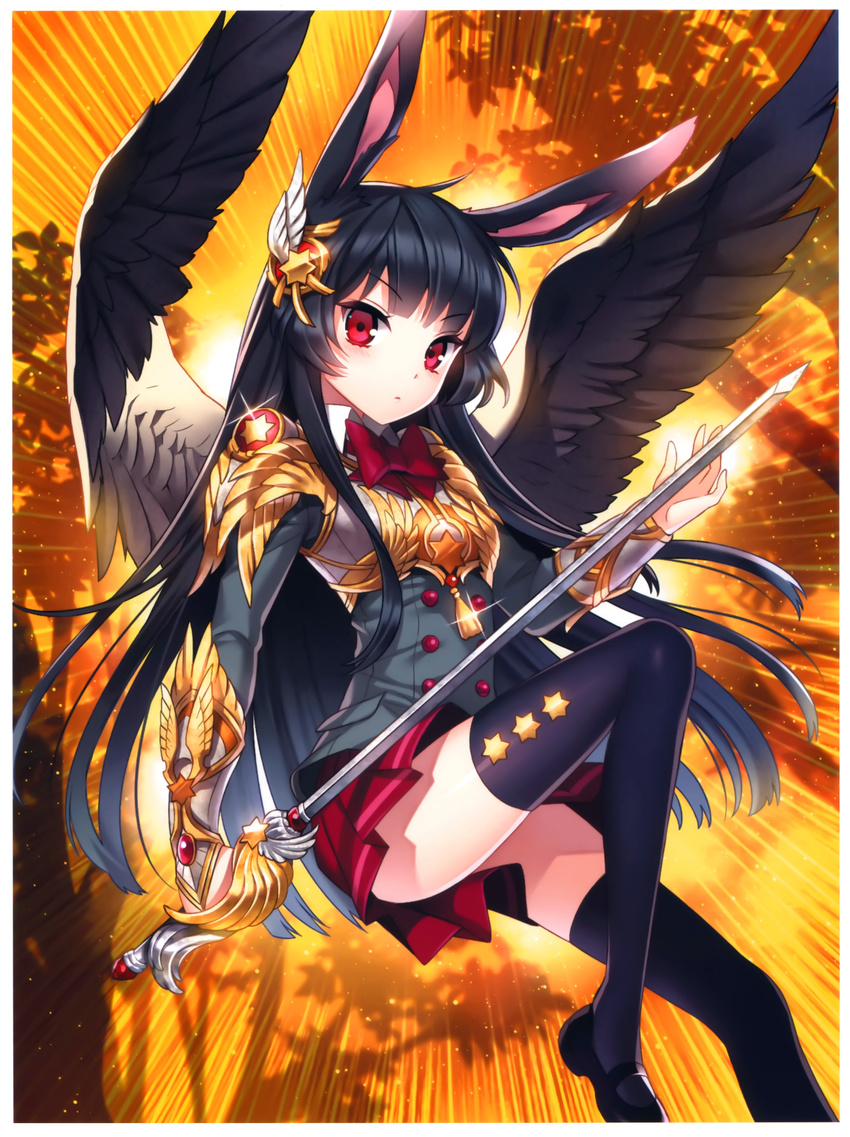 absurdres animal_ears armor black_hair black_legwear blush breasts bunny_ears glint hair_ornament highres huge_filesize long_hair looking_at_viewer mary_janes million_arthur_(series) nardack pauldrons red_eyes school_uniform shoes skirt small_breasts solo sparkle star sword thighhighs weapon wings