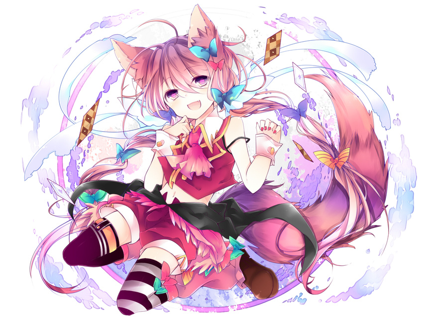 ahoge animal_ears ascot bow bow_legwear bulge card fang flat_chest fox_ears fox_tail highres leeannpippisum low_twintails mismatched_legwear nail_polish navel original otoko_no_ko playing_card purple_eyes red_hair shorts smile strap_slip striped striped_legwear tail thighhighs twintails wristband zettai_ryouiki