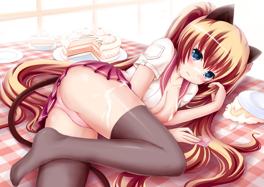 absurdres animal_ears ass bad_id bad_pixiv_id blonde_hair blue_eyes blush cake cat_ears cat_tail condom cream food grey_legwear highres long_hair looking_at_viewer lying on_side open_clothes open_shirt original panties pantyshot pantyshot_(lying) pink_panties school_uniform shirt solo tail thighhighs twintails underwear very_long_hair zheyi_parker