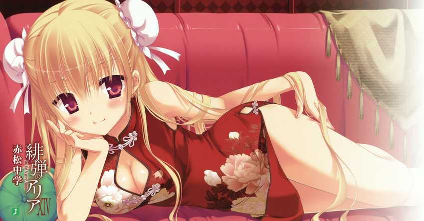 absurdres blonde_hair blush breasts china_dress chinese_clothes cleavage cleavage_cutout copyright_name couch double_bun dress hidan_no_aria highres kobuichi legs looking_at_viewer lying medium_breasts mine_riko on_side pillow pink_eyes smile