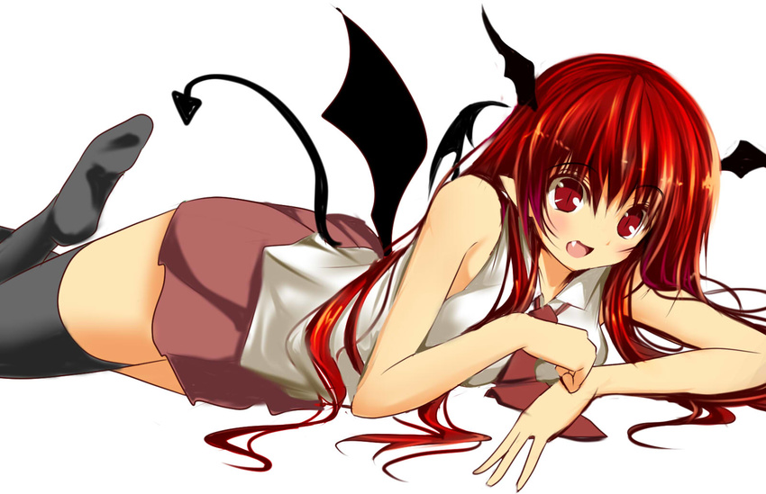 bat_wings black_legwear demon_tail demon_wings fang fukunaga_kazuhiro head_wings highres koakuma long_hair lying on_stomach pointy_ears red_eyes red_hair solo tail thighhighs touhou very_long_hair wings