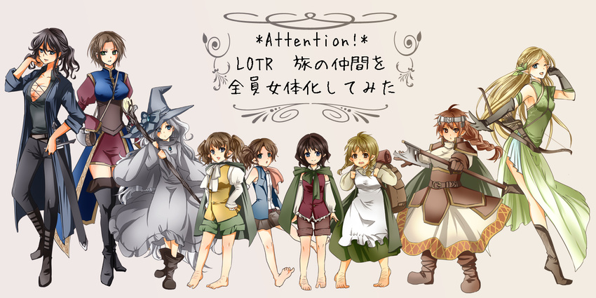 aragorn azuma_10932 blonde_hair blue_eyes boromir brooch cape dwarf elf facial_hair frodo_baggins gandalf genderswap genderswap_(mtf) gimli hat hobbit jewelry legolas long_hair lord_of_the_rings meriadoc_brandybuck multiple_girls peregrin_took pointy_ears samwise_gamgee short_hair upper_body white_hair wizard wizard_hat