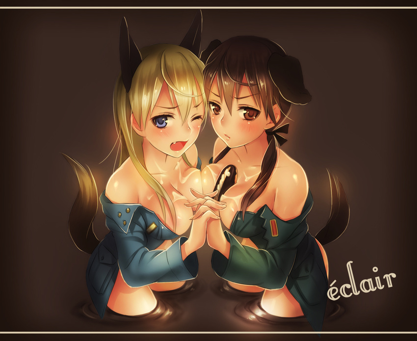 animal_ears bare_shoulders between_breasts blonde_hair blue_eyes blush bottomless breasts brown_eyes brown_hair chocolate collarbone dog_ears dog_tail eclair_(food) eila_ilmatar_juutilainen fang food fox_ears fox_tail french gertrud_barkhorn long_hair medium_breasts military military_uniform multiple_girls one_eye_closed open_clothes open_mouth open_shirt pastry sexually_suggestive shirt strike_witches tail twintails undressing uniform world_witches_series yamori_(stom)