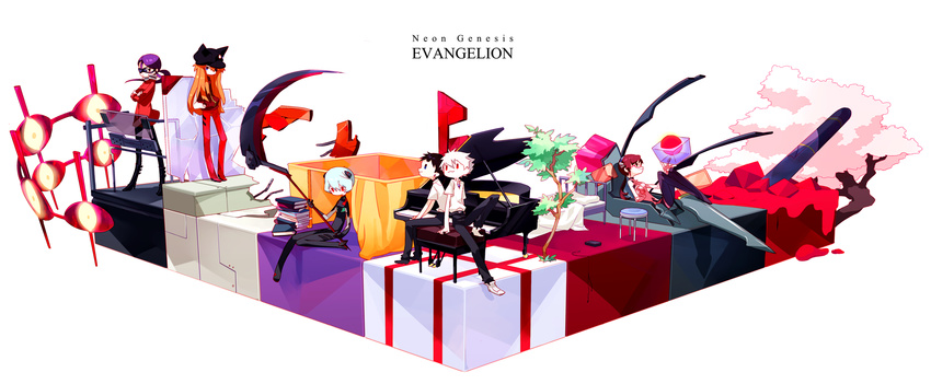 4girls animal_hat ayanami_rei blue_eyes blue_hair book brown_hair cassette_player cat_hat cherry_blossoms entry_plug evangelion:_3.0_you_can_(not)_redo glasses hat highres ikari_shinji instrument jacket katsuragi_misato long_hair makinami_mari_illustrious mo_(mocopo) multiple_boys multiple_girls nagisa_kaworu neon_genesis_evangelion orange_hair piano piano_bench plugsuit purple_hair rebuild_of_evangelion red_eyes scythe shikinami_asuka_langley short_hair sitting smile souryuu_asuka_langley track_jacket tree twintails