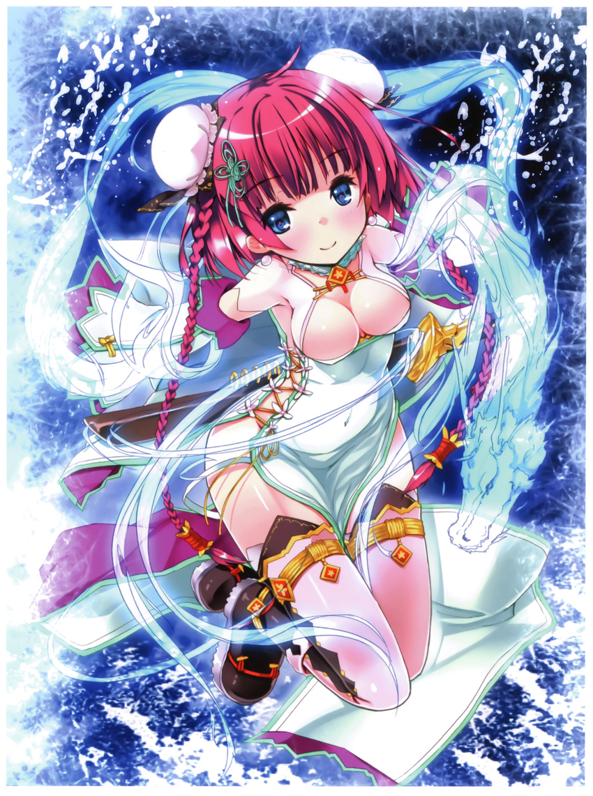 absurdres blue_eyes boots braid breasts bun_cover china_dress chinese_clothes cleavage cleavage_cutout covered_navel detached_sleeves double_bun dragon dress earrings hair_ornament highres huge_filesize jewelry looking_at_viewer medium_breasts million_arthur_(series) pink_legwear red_hair refeia scan smile solo thighhighs twin_braids