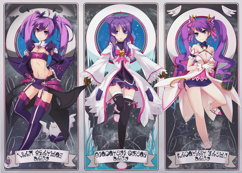aisha_(elsword) amber_(5_22_lili) angkor_(elsword) animal_ears back_bow bandeau bare_legs black_legwear boots bow breasts cat_ears cleavage costume_chart detached_collar dimension_witch_(elsword) elemental_master_(elsword) elsword frown full_body gloves hands_on_hips highres jacket kemonomimi_mode long_hair madoka_runes mahou_shoujo_madoka_magica medium_breasts midriff miniskirt multiple_girls multiple_persona navel pink_bow purple_eyes purple_footwear purple_hair purple_legwear purple_skirt purple_sleeves ribbon shoes skirt small_breasts standing standing_on_one_leg thigh_boots thighhighs translated twintails void_princess_(elsword) zettai_ryouiki