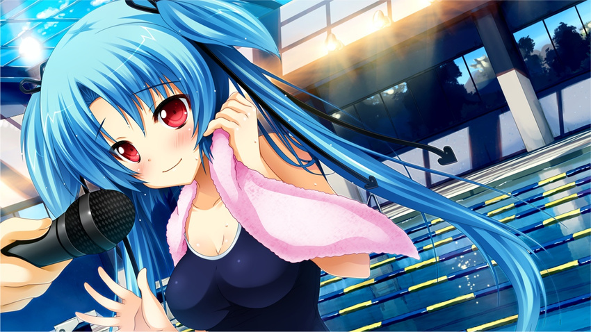 1girl bare_shoulders blue_hair blush breasts cleavage game_cg happy highres hitotsu_tobashi_ren'ai hitotsu_tobashi_ren'ai long_hair looking_at_viewer microphone pool red_eyes smile sonohara_aori standing swimsuit towel twintails water wet
