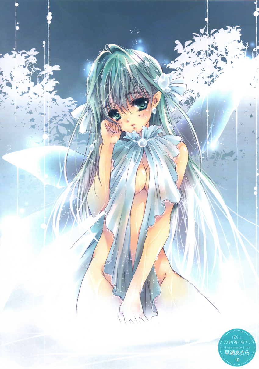 absurdres aqua_eyes aqua_hair breasts center_opening cleavage convenient_censoring copyright_request eyebrows_visible_through_hair hayase_akira highres long_hair medium_breasts nude scan solo