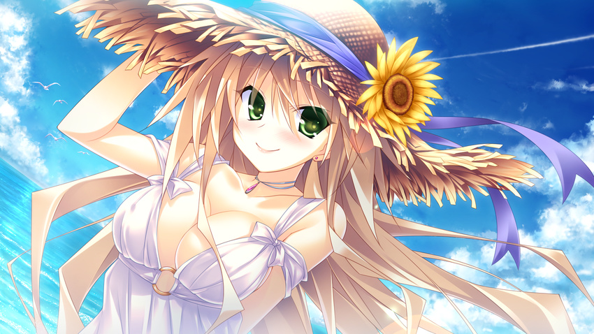 animal bird blonde_hair game_cg guardian☆place hat hibarigaoka_itsuki hinata_mutsuki long_hair sky skyfish summer_dress sunflower