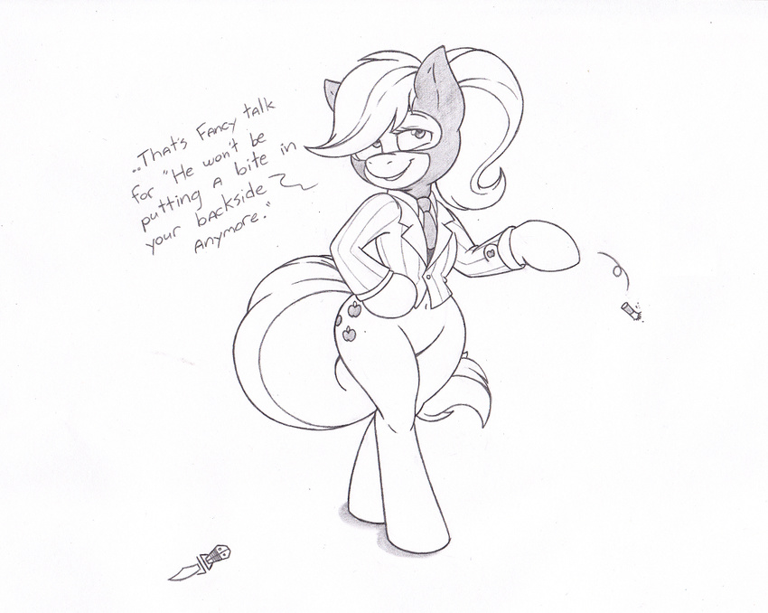 anthro applejack_(mlp) balaclava black_and_white cigarette cutie_mark dialog english_text equine female friendship_is_magic horse joey-darkmeat looking_at_viewer mammal mask monochrome my_little_pony necktie pony solo spy_(team_fortress_2) standing suit team_fortress_2 text walking