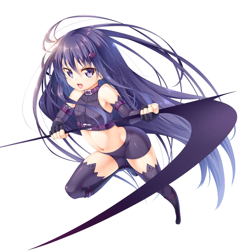 bare_shoulders bike_shorts black_legwear boots elbow_gloves fingerless_gloves flat_chest full_body gloves hair_ornament hairclip ichi_makoto knee_boots long_hair maou_no_shimobe_ga_arawareta! navel open_mouth purple_eyes purple_hair scythe simple_background solo thighhighs very_long_hair white_background