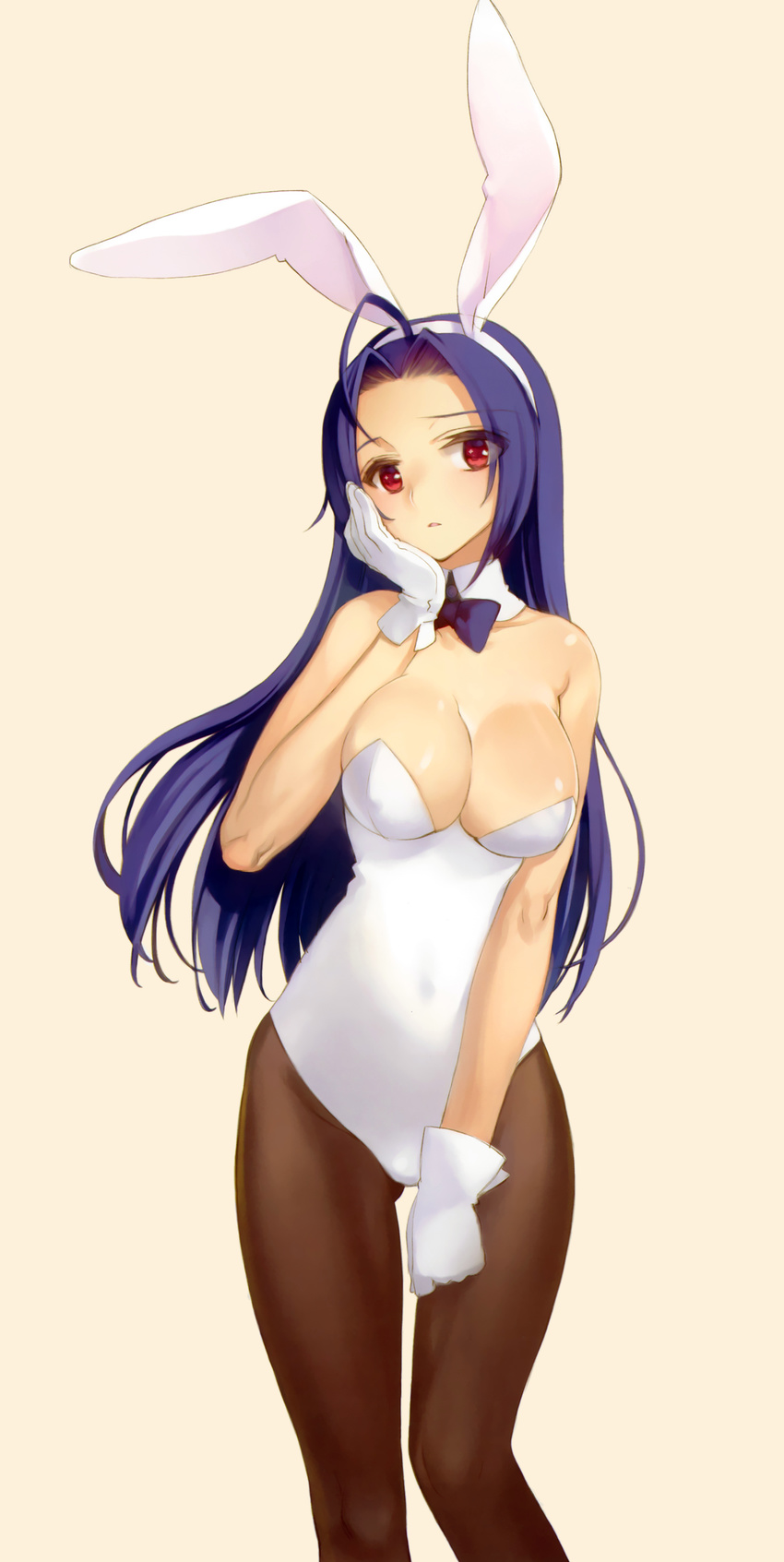 absurdres ahoge animal_ears bare_shoulders black_legwear blue_hair bow bowtie breasts bunny_ears bunnysuit cleavage detached_collar fake_animal_ears gloves hairband hand_on_own_cheek highres idolmaster idolmaster_(classic) large_breasts long_hair miura_azusa ooyari_ashito pantyhose parted_lips red_eyes scan simple_background solo white_gloves