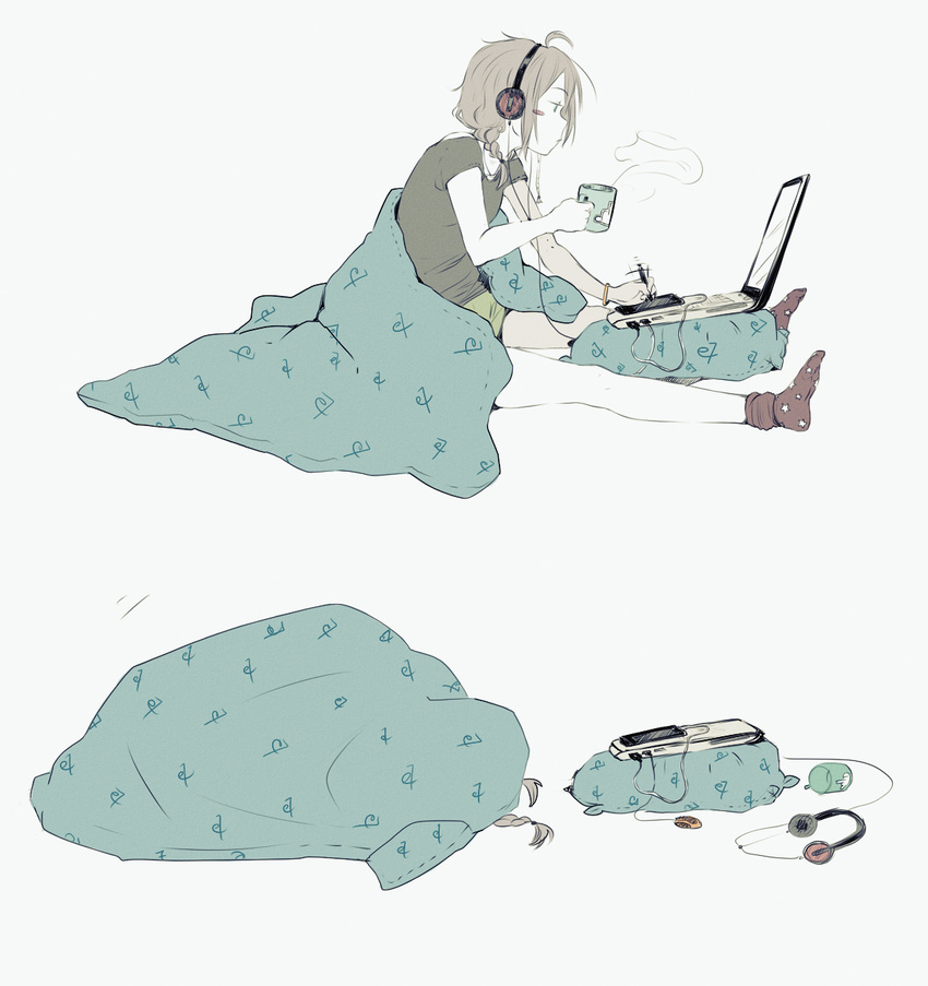 bad_id bad_pixiv_id blanket blush_stickers braid brown_hair computer cup eventh7 green_eyes headphones highres laptop left-handed mouse_(computer) mug original pillow sequential shorts sitting socks stylus tablet