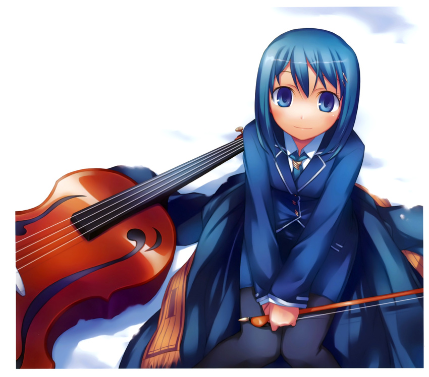 absurdres black_legwear blue_eyes blue_hair cello coat coat_removed copyright_request from_above hair_ornament hairclip highres instrument knees_together_feet_apart looking_at_viewer looking_up nanakusa necktie orange_scarf pantyhose scan scarf sitting skirt snow solo