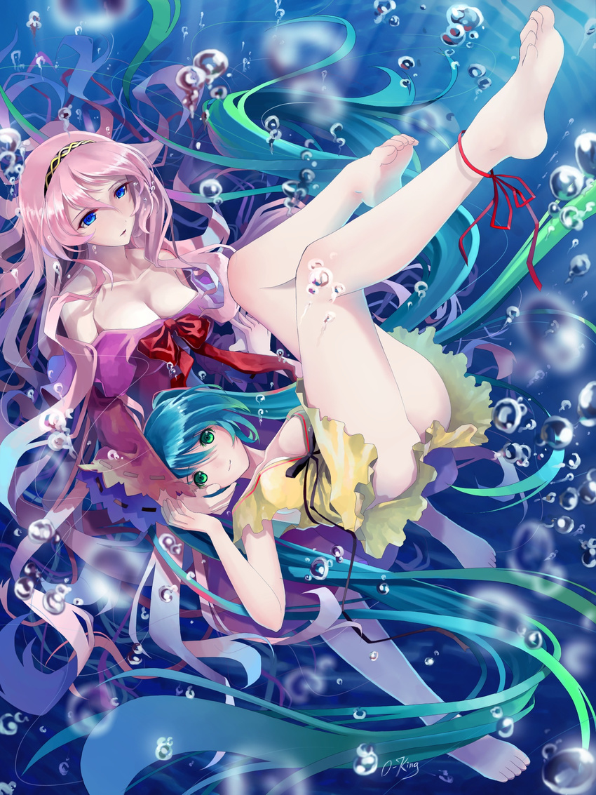 air_bubble anklet aqua_hair bare_legs bare_shoulders barefoot blue_eyes bow breasts bubble cleavage dress feet green_eyes hairband hatsune_miku highres holding_hands jewelry lap_pillow long_hair medium_breasts megurine_luka multiple_girls no_panties okingjo pink_hair ribbon smile underwater very_long_hair vocaloid wet wet_clothes