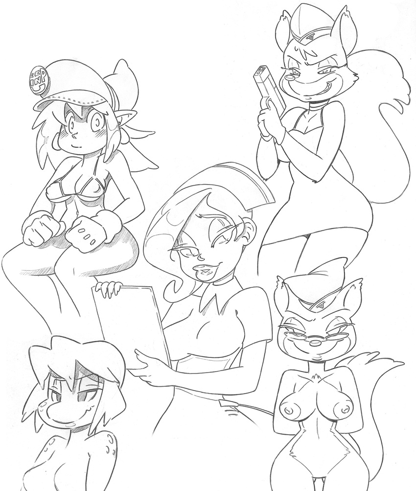 anthro areola big-e6 big_breasts breasts canine erect_nipples eyewear female fox glasses grin gun human looking_at_viewer lt._vixen mammal monochrome navel nipples nude ranged_weapon smile squirrel_and_hedgehog weapon