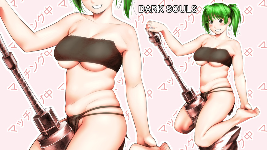 bandeau barefoot black_eyes blush breasts chosen_undead dark_souls green_hair grin huge_weapon large_breasts navel panties plump ragetsu short_twintails smile souls_(from_software) twintails underboob underwear weapon