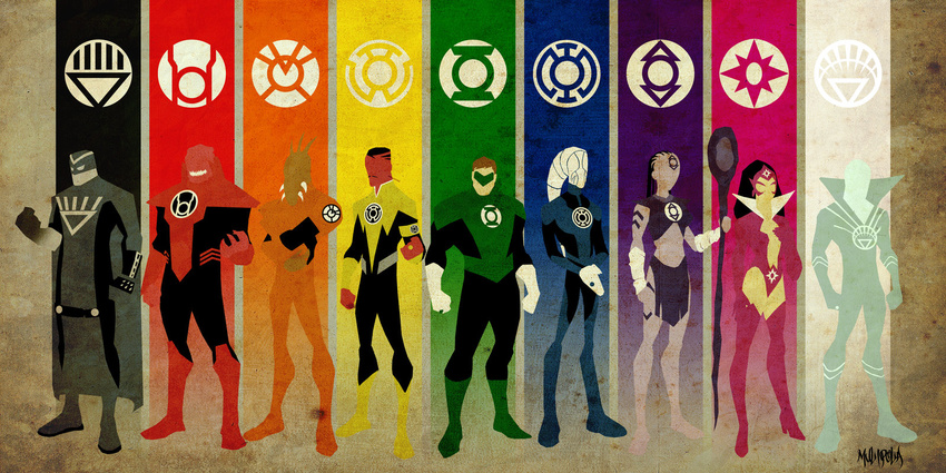 alien atrocitus black_hand_(dc_comics) black_lantern blue_lantern bro'dee_walker bro'dee_walker carol_ferris crossed_arms dc_comics deadman_(dc) deadman_(dc_comics) domino_mask green_lantern green_lantern_(series) hal_jordan highres indigo_tribe iroque larfleeze mask multiple_boys multiple_girls orange_lantern red_lantern sinestro_corps staff standing star_sapphire_(dc_comics) thaal_sinestro white_lantern william_hand