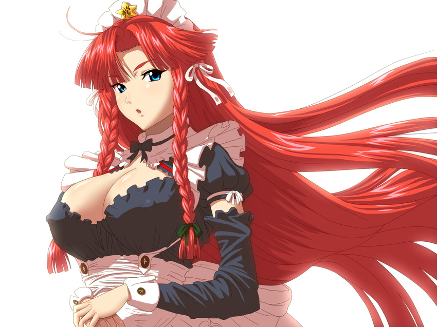 ahoge alternate_costume backlighting blue_eyes braid breasts cleavage covered_nipples detached_sleeves enmaided hair_ribbon hands_together highres hong_meiling kezune_(i-_-i) large_breasts long_hair maid maid_headdress open_mouth red_hair ribbon simple_background solo touhou twin_braids very_long_hair white_background