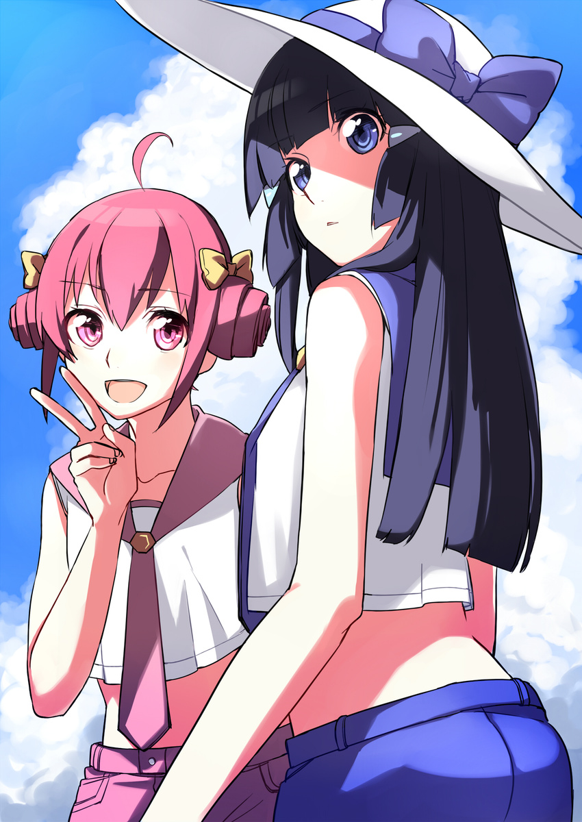 :d ahoge aoki_reika bad_id bad_pixiv_id blue_eyes blue_hair blue_sky casual cloud day drill_hair hat highres hime_cut hoshizora_miyuki long_hair looking_back midriff multiple_girls open_mouth pink_eyes pink_hair precure short_hair sky sleeveless smile smile_precure! sun_hat twin_drills twintails yomosaka