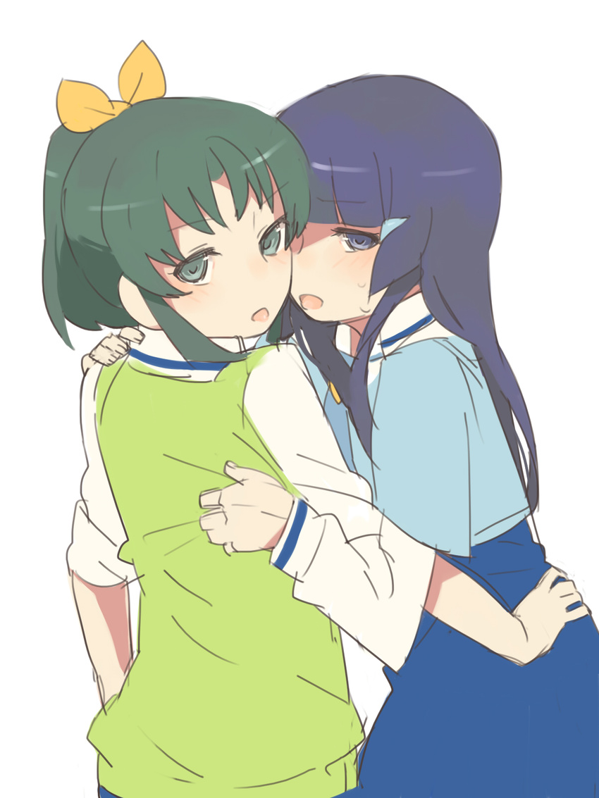 aoki_reika blue_eyes blue_hair blush couple green_eyes green_hair hand_on_shoulder highres hug midorikawa_nao multiple_girls nanairogaoka_middle_school_uniform precure school_uniform simple_background sleeves_rolled_up smile_precure! white_background yomosaka yuri