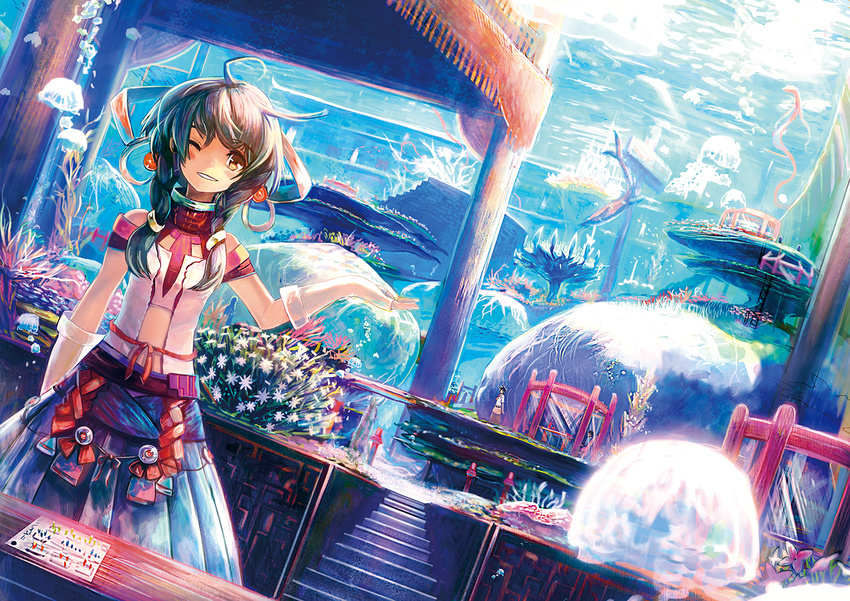 blush brown_hair bubble coral fish hair_ornament jellyfish jinichi one_eye_closed original short_hair skirt smile solo twintails underwater