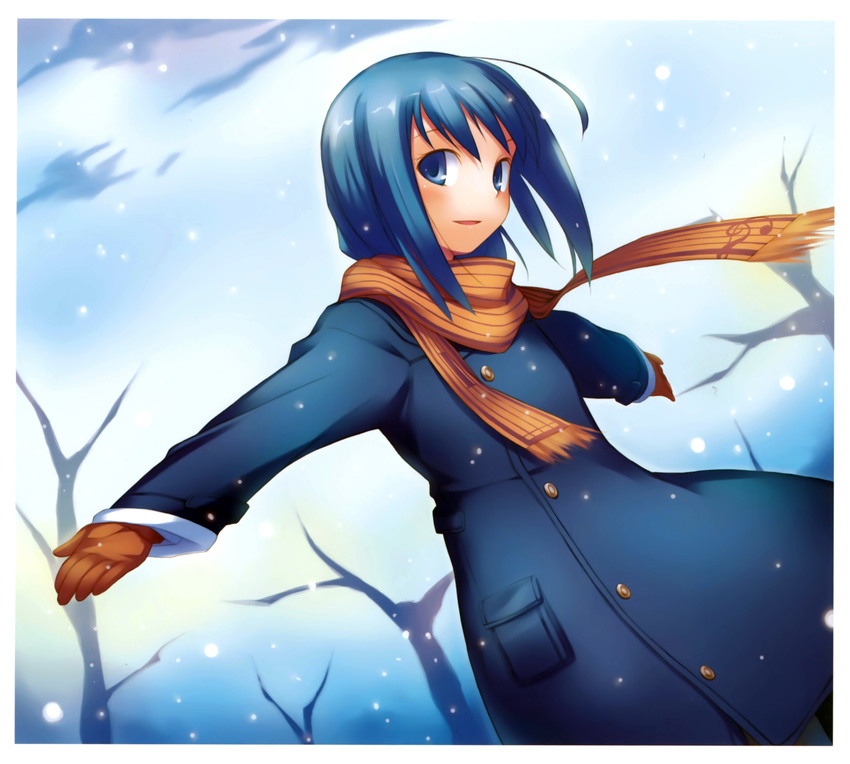 absurdres ahoge black_legwear blue_eyes blue_hair coat copyright_request gloves highres nanakusa orange_scarf outstretched_arms pantyhose scan scarf smile snowing solo spread_arms treble_clef