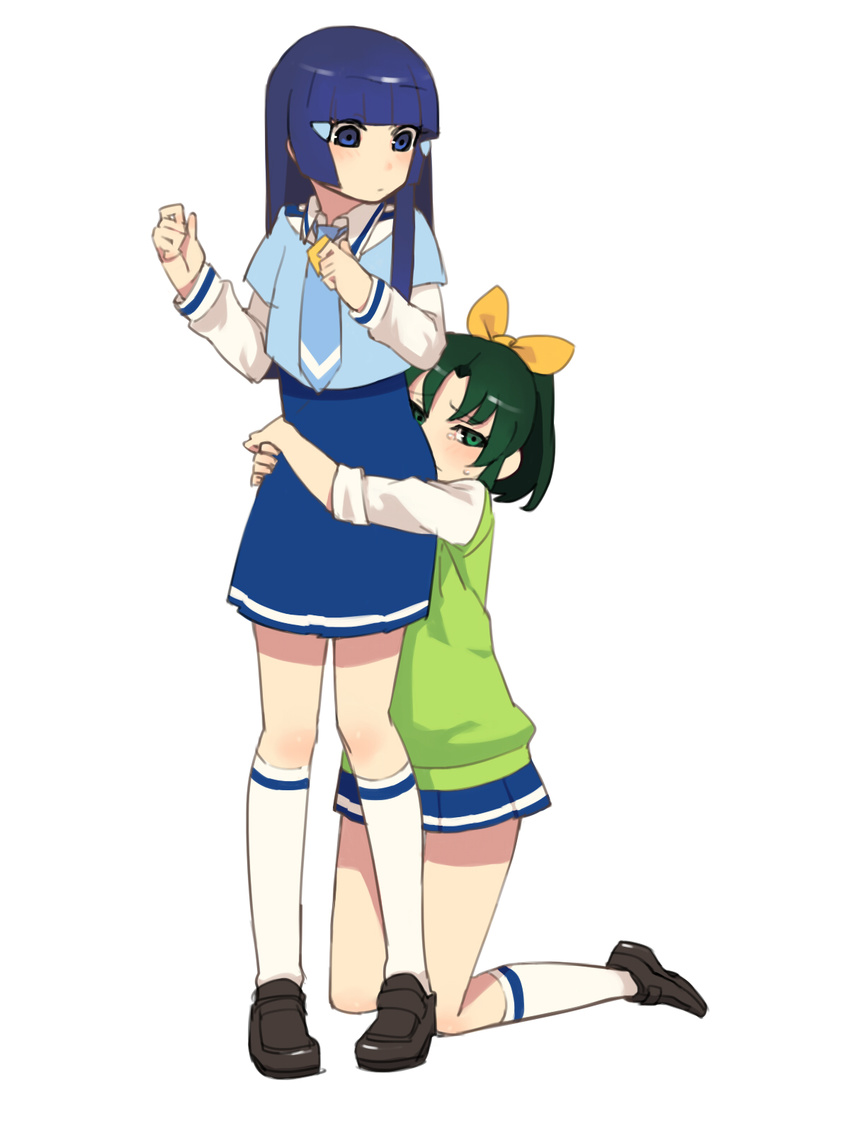 aoki_reika bad_id bad_pixiv_id blue_eyes blue_hair blue_neckwear blush green_eyes green_hair highres hug hug_from_behind kneeling midorikawa_nao multiple_girls nanairogaoka_middle_school_uniform necktie precure school_uniform simple_background sleeves_rolled_up smile_precure! standing tears white_background yomosaka yuri