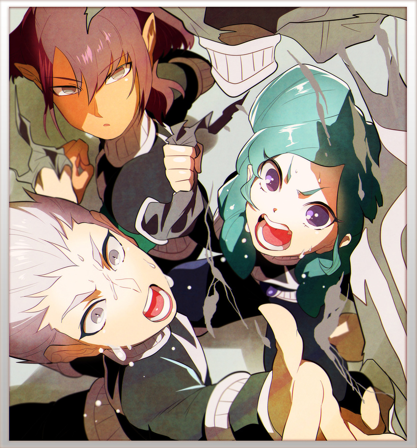 2boys alpha_(inazuma_eleven) aqua_hair armband beta_(inazuma_eleven) blurry depth_of_field gamma_(inazuma_eleven) green_hair highres inazuma_eleven_(series) inazuma_eleven_go inazuma_eleven_go_chrono_stone long_hair multiple_boys no_pupils ogino_atsuki open_mouth pointy_ears protocol_omega purple_eyes short_hair soccer_uniform sportswear