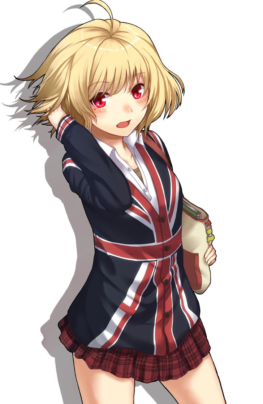 ahoge bad_id bad_pixiv_id blonde_hair blush cardigan flag_print highres horosuke_(toot08) mole mole_under_eye original plaid plaid_skirt print_sweater red_eyes short_hair skirt solo sweater union_jack