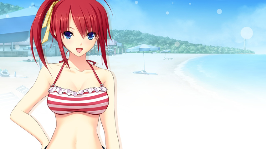 16:9 1girl bare_shoulders beach bikini blue_eyes breasts game_cg happy hatsukoi_1/1 koizumi_amane long_hair looking_at_viewer ocean open_mouth ponytail red_hair sand sky smile solo standing swimsuit tsukishima_kyo wallpaper water