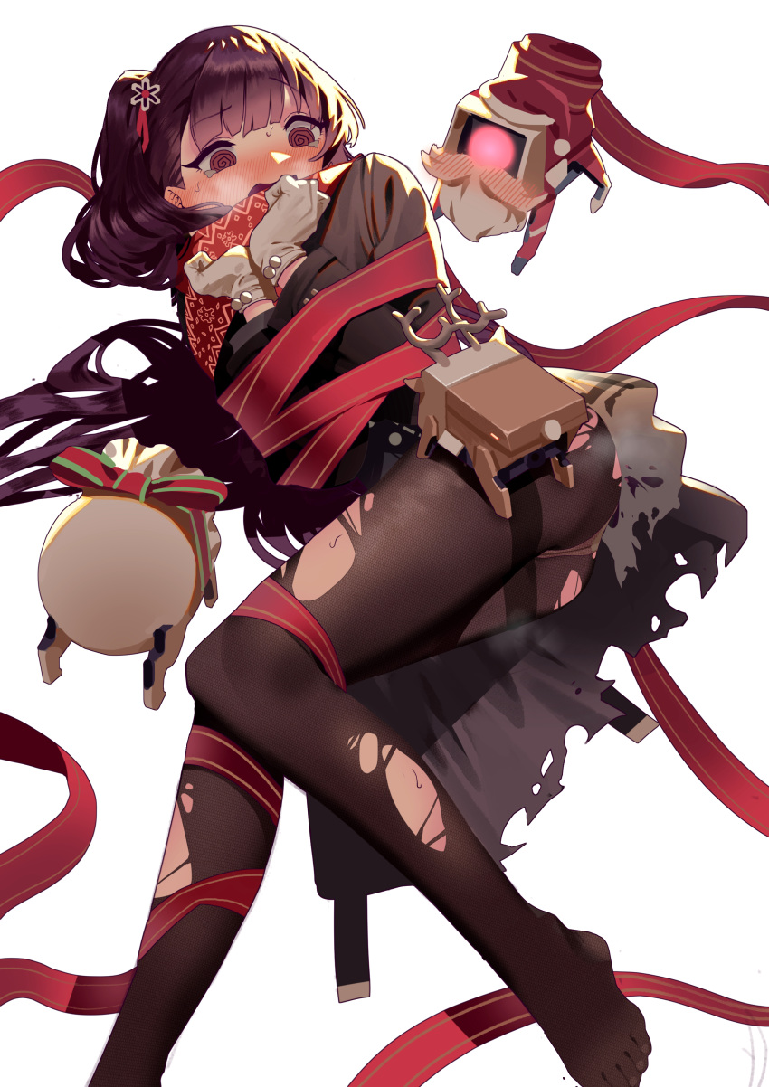 @_@ absurdres antlers ass bangs black_legwear blunt_bangs blush bound bsue facial_hair girls_frontline gloves hair_ornament highres jacket long_hair long_sleeves lying mustache no_shoes nose_blush on_side panties panties_under_pantyhose pantyhose purple_eyes purple_hair red_ribbon reindeer_antlers ribbon ribbon_bondage scared simple_background solo sweat thighband_pantyhose torn_clothes torn_legwear underwear wa2000_(girls_frontline) white_background white_gloves