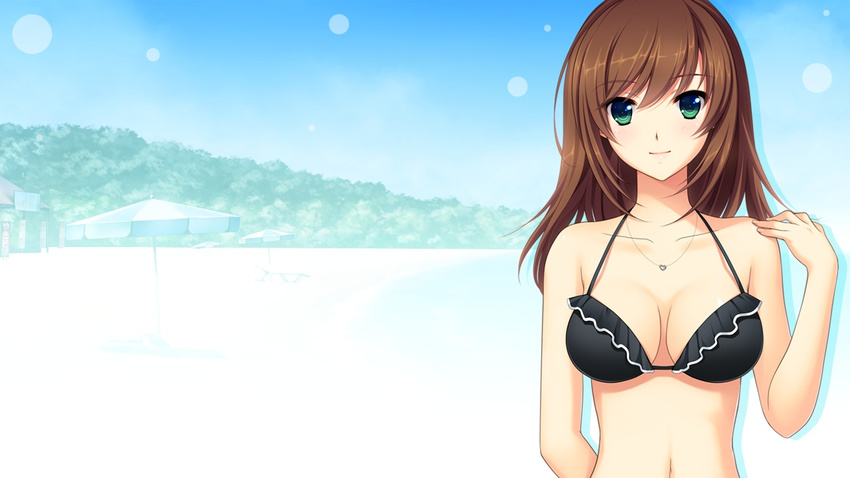 16:9 1girl bare_shoulders beach bikini breasts brown_hair cleavage collar game_cg green_eyes happy hatsukoi_1/1 koizumi_amane long_hair looking_at_viewer navel sand sky smile solo standing swimsuit wallpaper