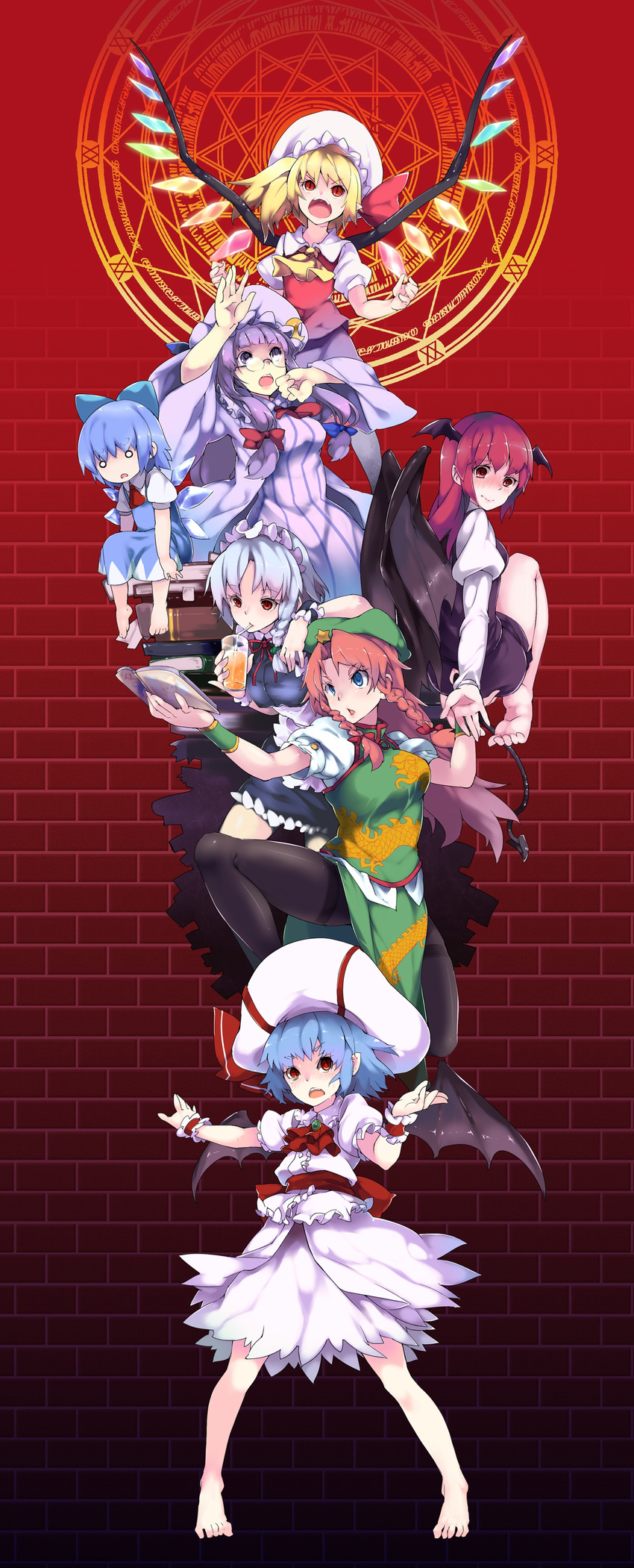 absurdres ascot bare_legs barefoot bespectacled black_legwear blonde_hair blue_eyes blue_hair book bow braid brick chinese_clothes cirno demon_tail drinking flandre_scarlet glass glasses hair_bow hand_on_ass hat hat_ribbon head_wings highres hong_meiling huangquan_dong_(sinchi) izayoi_sakuya koakuma long_hair long_sleeves magic_circle maid maid_headdress multiple_girls open_book open_mouth pantyhose patchouli_knowledge purple_eyes purple_hair red_eyes red_hair remilia_scarlet ribbon short_hair side_ponytail silver_hair sitting skirt skirt_set tail touhou twin_braids wings wrist_cuffs
