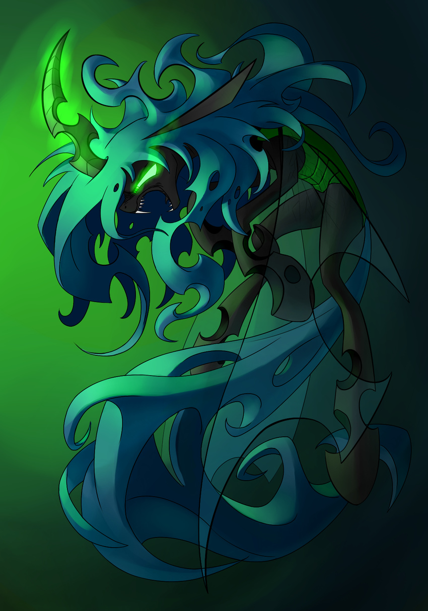 ambiguous_gender changeling eye_mist fangs feral friendship_is_magic glowing green_eyes green_hair green_theme hair holes horn long_hair magic my_little_pony open_mouth queen_chrysalis_(mlp) solo underpable wings
