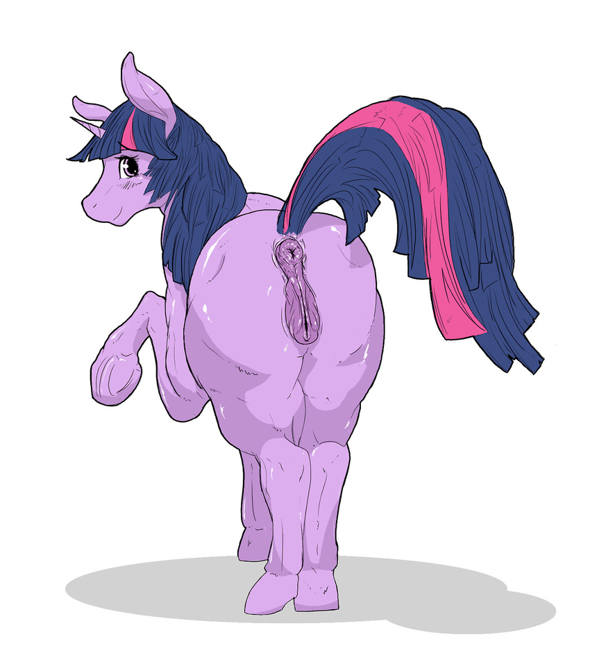 anatomically_correct anatomically_correct_pussy animal_genitalia anus butt equine equine_pussy female feral friendship_is_magic hair hooves horn looking_at_viewer looking_back mammal mirapony my_little_pony plain_background presenting puffy_anus purple_eyes pussy solo twilight_sparkle_(mlp) two_tone_hair unicorn white_background