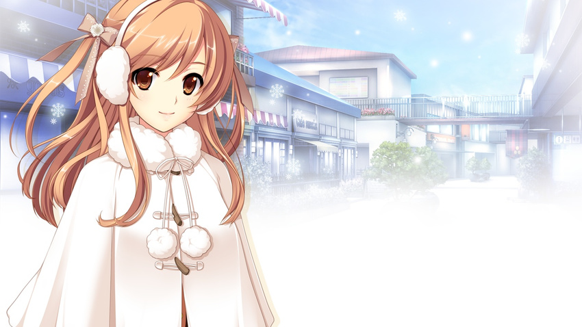 16:9 1girl blonde_hair bridge brown_eyes earmuffs game_cg hair_ornament happy hatsukoi_1/1 house koizumi_amane long_hair looking_at_viewer sky smile snow solo standing tree wallpaper