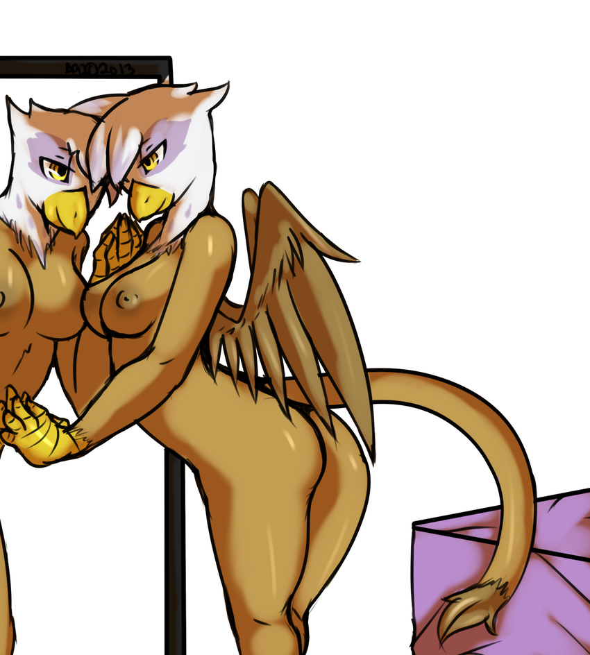 anthro anthrofied avante92 avian beak bed breasts butt female friendship_is_magic gilda_(mlp) gryphon mirror my_little_pony nipples nude plain_background reflection solo white_background wings yellow_eyes