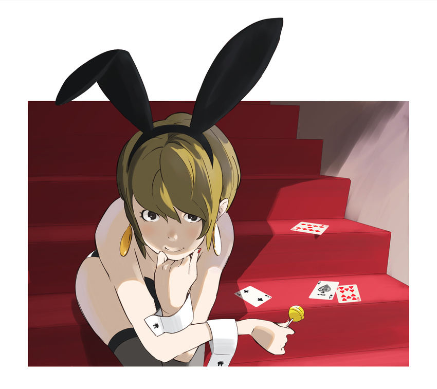 animal_ears black_eyes brown_hair bunny_ears bunny_girl candy card chin_rest earrings food hairband highres jewelry leotard lollipop original playing_card popman3580 short_hair sitting sitting_on_stairs solo stairs thighhighs wrist_cuffs