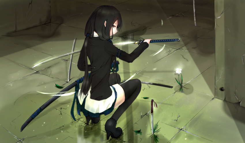 black_hair katana kikivi original red_eyes sword thighhighs weapon